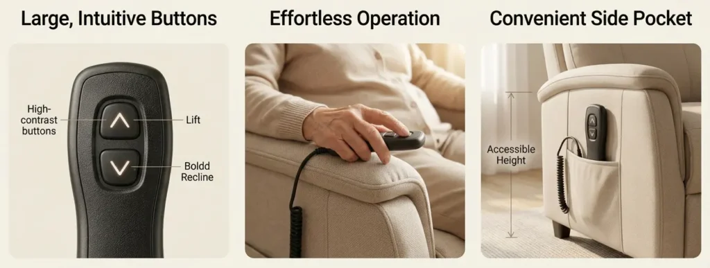 Three-panel feature graphic for power lift recliner: large intuitive remote hand control buttons, effortless one-hand operation demonstration, and convenient accessible side pocket for storing the handset.