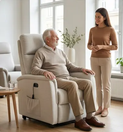 Senior man sitting comfortably in a beige power lift recliner in bright living room, a woman standing beside him, demonstrating lift chair for elderly mobility support.