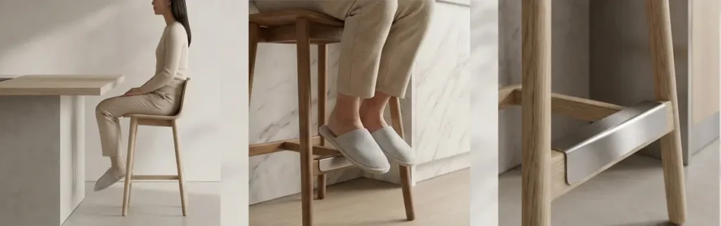 Three-panel illustration showing a counter stool in use, with a focus on comfortable sitting posture, foot support, and a supportive footrest beneath the seat.