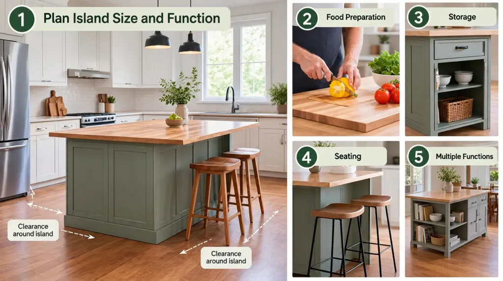 Step-by-step DIY butcher block kitchen island planning diagram showing space clearance, food preparation, storage, seating, and multiple-function island design.
