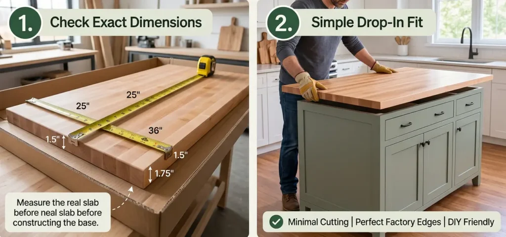 DIY butcher block island guide showing how to measure the exact countertop dimensions and test-fit a precut butcher block on a kitchen island base before installation.