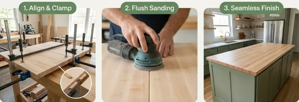 DIY butcher block countertop assembly showing three steps: aligning and clamping multiple wood pieces, flush sanding the joined surface, and achieving a smooth finished countertop on a kitchen island.