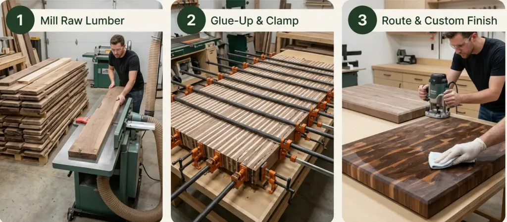 DIY butcher block countertop construction showing three steps: milling raw lumber, gluing and clamping wood pieces together, and routing and applying a custom finish to the finished countertop.