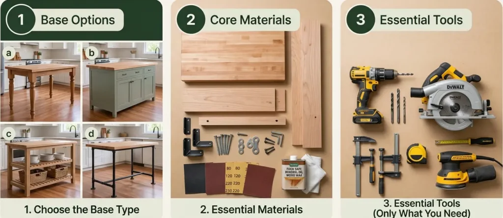 DIY butcher block island preparation guide showing four base options, essential countertop and hardware materials, and basic tools needed for construction.