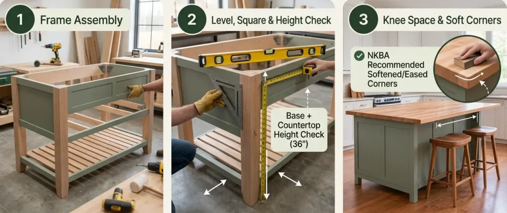 DIY butcher block island base assembly showing frame construction, level and height checks, and planning for knee space and softened countertop corners.
