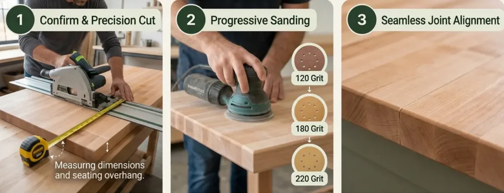 DIY butcher block countertop preparation showing precise cutting and measurement, progressive sanding with 120-, 180-, and 220-grit sandpaper, and smooth joint alignment.