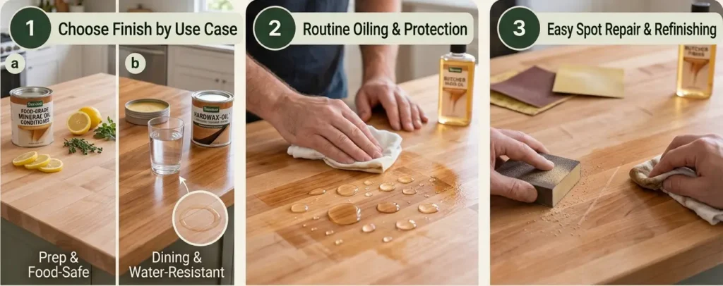 Butcher block countertop care guide showing finish selection by use case, routine oiling and water protection, and spot repair and refinishing of worn areas.