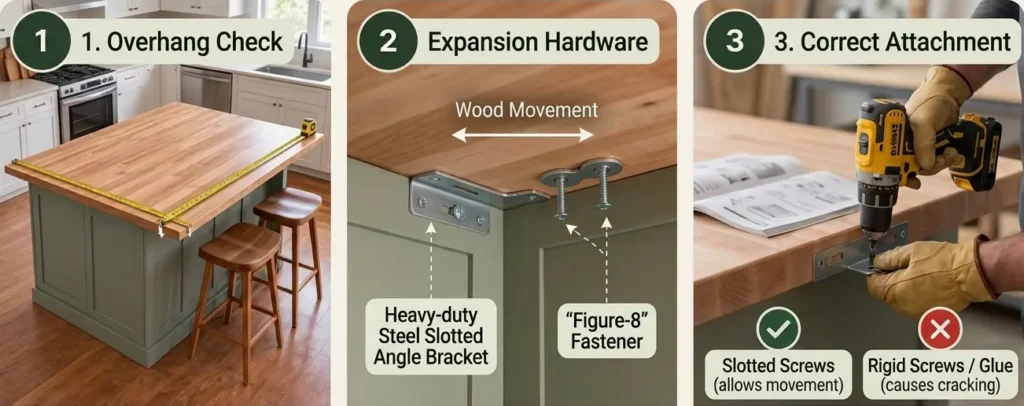 DIY butcher block island installation guide showing overhang measurement, hardware that allows for natural wood movement, and correct countertop attachment using slotted fasteners.