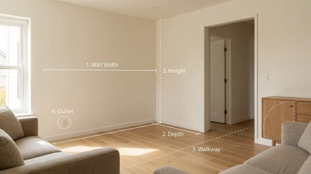 Small living room corner with labeled measurements for wall width, depth, height, electrical outlet, and walkway clearance before installing a corner TV stand.