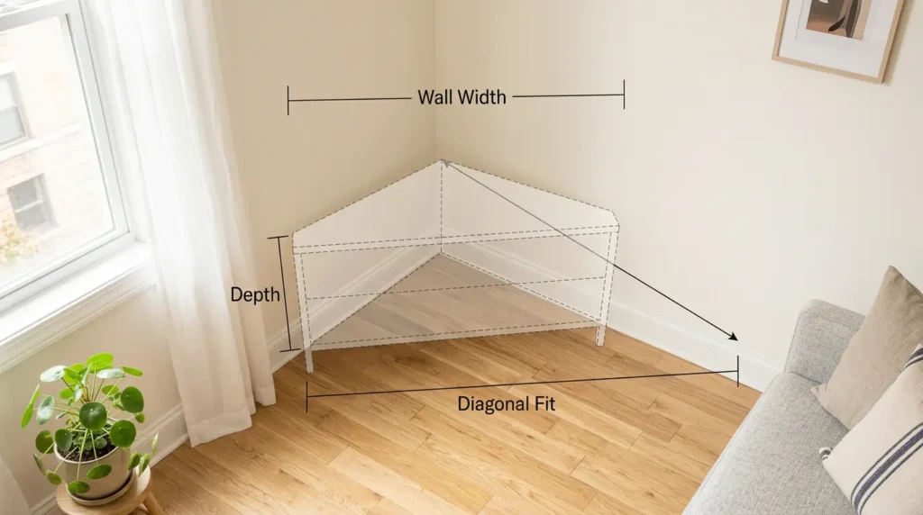 Corner living room with a transparent TV stand footprint showing wall width, depth, and diagonal fit measurements for checking whether a corner TV stand will fit the available space.