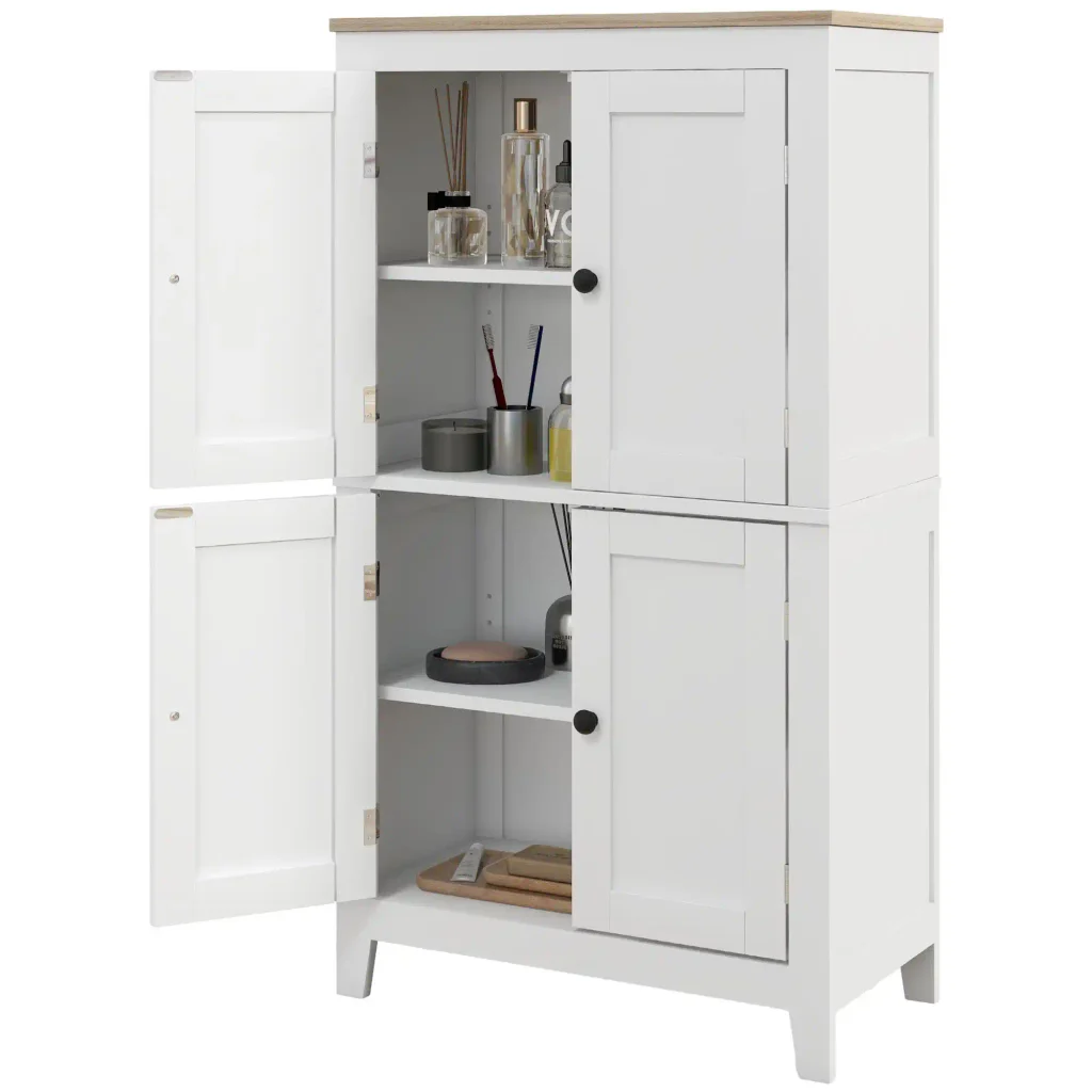 HOMCOM Modern Bathroom Storage Cabinet with 4 Doors white with oak top, freestanding floor cabinet with adjustable shelves, anti‑tipping design product guide page