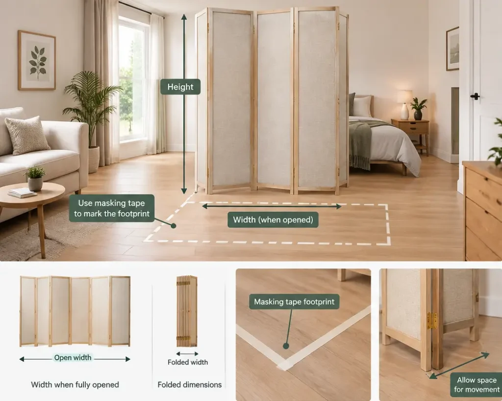 Infographic showing how to measure space for a folding room divider, including overall height, fully opened width, folded dimensions, floor footprint, movement space, furniture placement, doors, windows, walkways, radiators, vents, and power outlets.