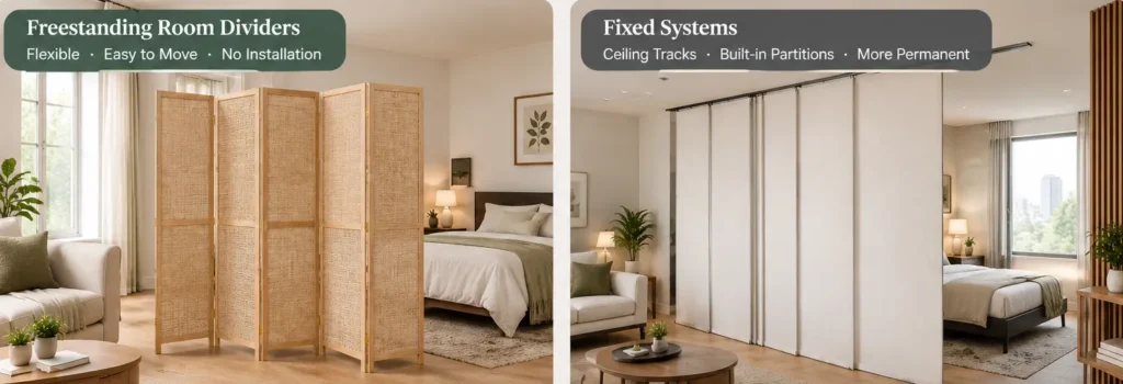 Infographic comparing freestanding and fixed room dividers, showing the flexibility and easy repositioning of freestanding screens versus the more permanent installation requirements of ceiling-mounted tracks and built-in partitions.