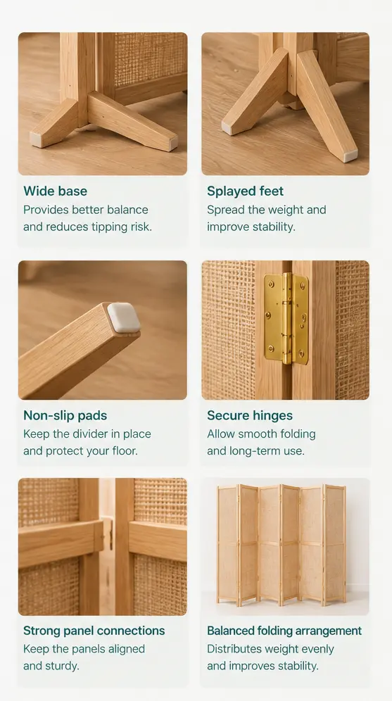 Infographic illustrating room divider stability and base design, highlighting wide bases, splayed feet, non-slip pads, secure hinges, strong panel connections, and balanced folding arrangements.