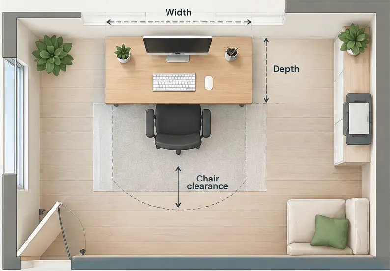 Modern home office desk space measurement diagram showing desk width, depth, chair clearance, walkways, windows, doors, power outlets, and surrounding furniture.