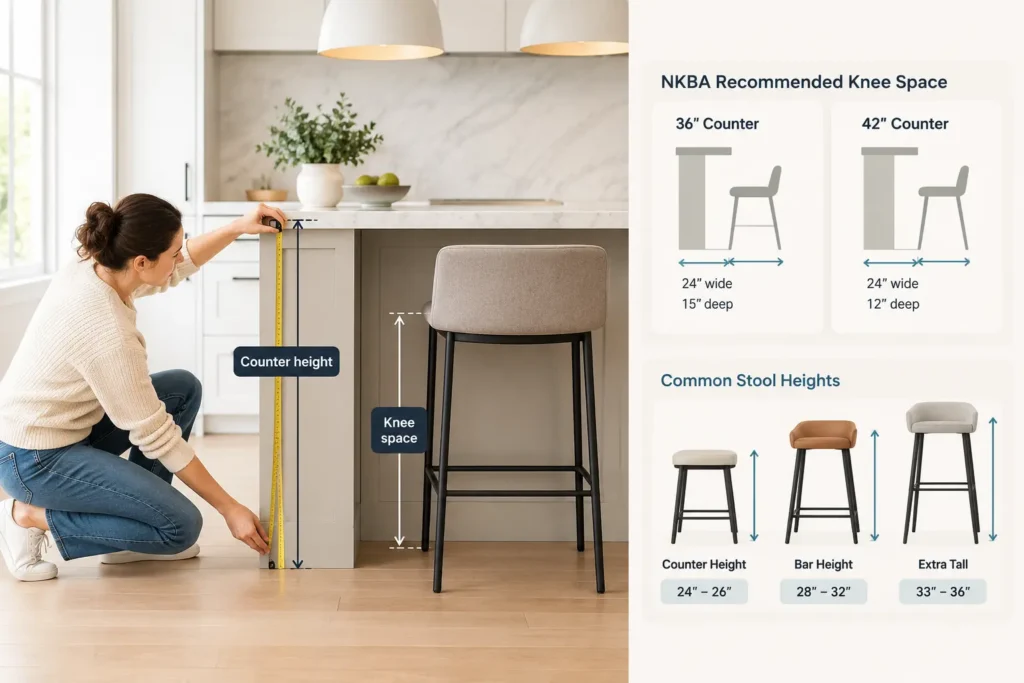 Kitchen island measuring guide showing counter height, knee clearance, NKBA recommended seating space for 36-inch and 42-inch counters, and common counter, bar, and extra-tall stool heights.
