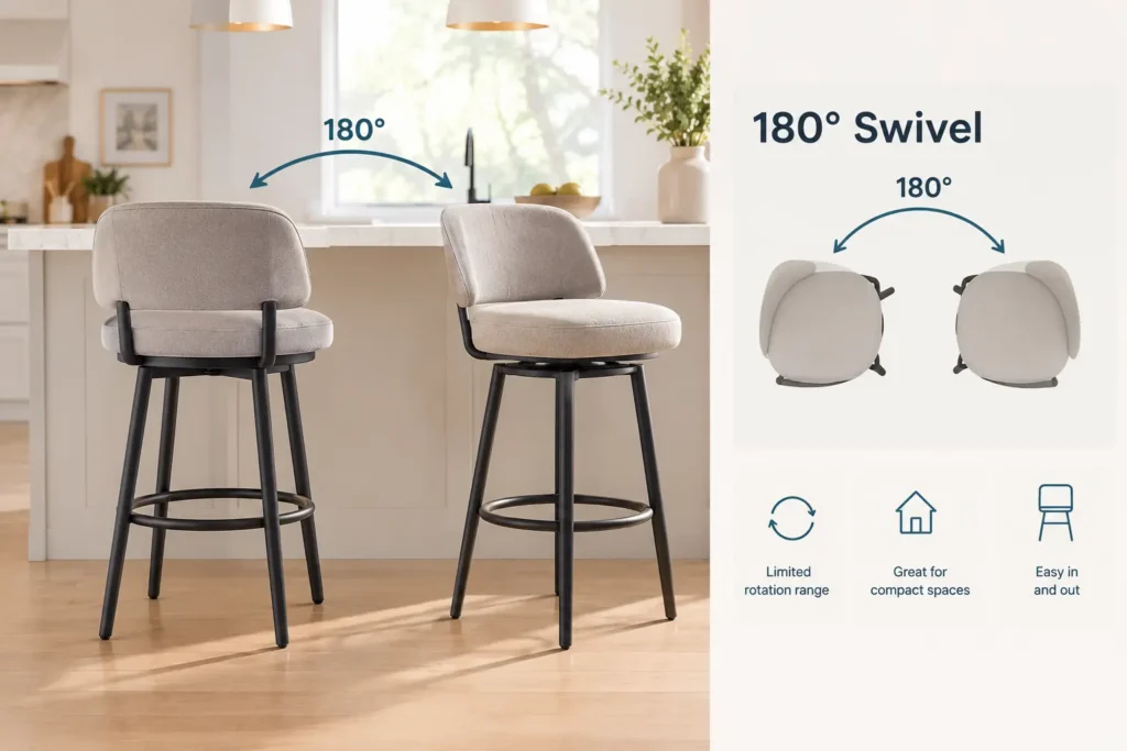 Illustration of a 180-degree swivel counter stool showing its limited rotation range, compact-space suitability, and easy entry and exit.