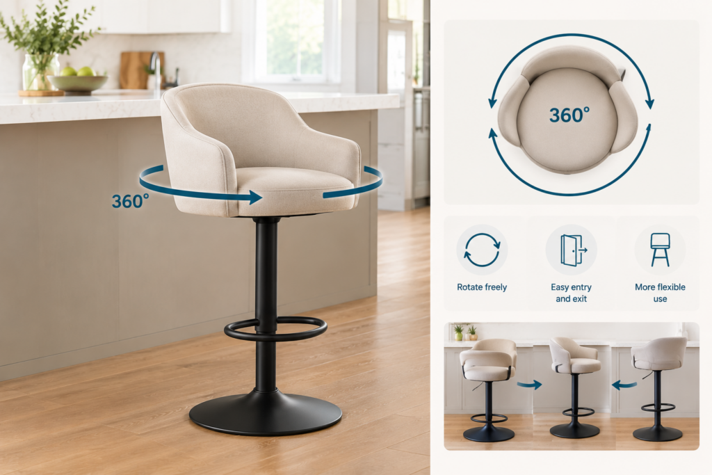 Illustration of a 360-degree swivel counter stool showing full rotation in both directions, with easy entry and exit around a kitchen island.