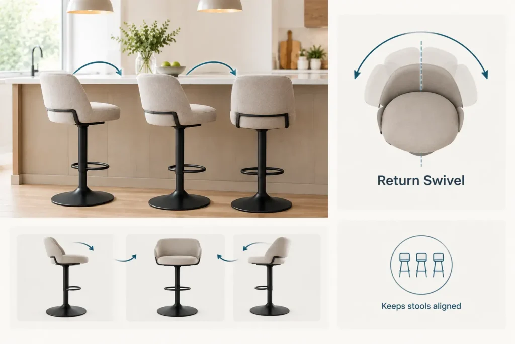 Illustration of return-swivel counter stools rotating back to their original position, helping multiple stools stay neatly aligned at a kitchen island.
