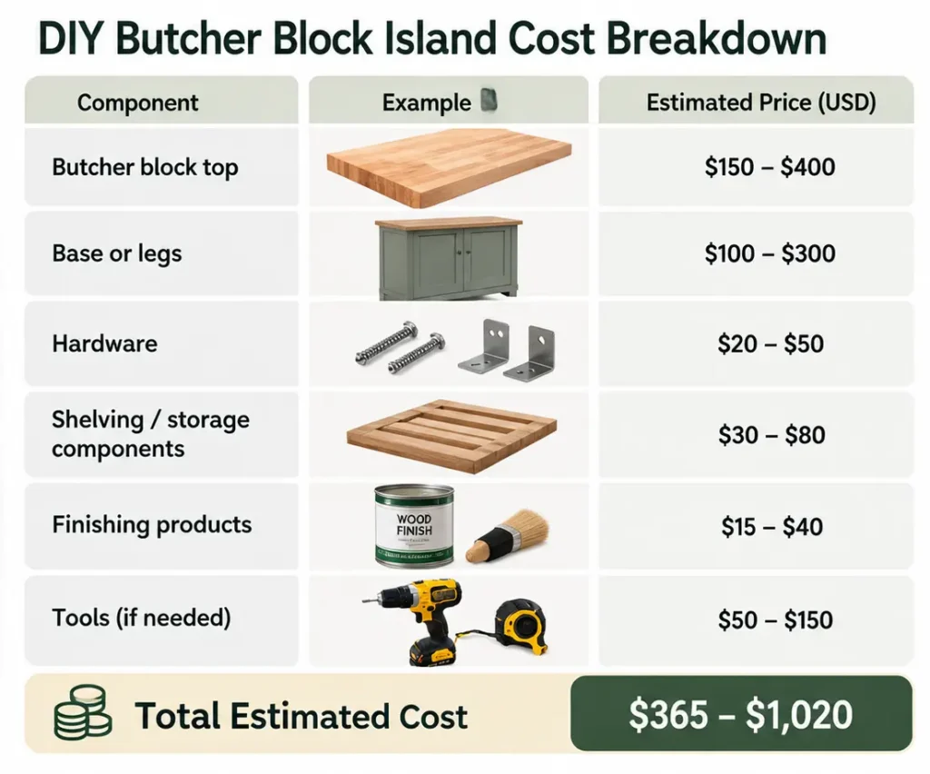 DIY butcher block island cost breakdown showing estimated prices for the countertop, base or legs, hardware, storage components, finishing products, and tools, with a total estimated cost range of $365–$1,020.