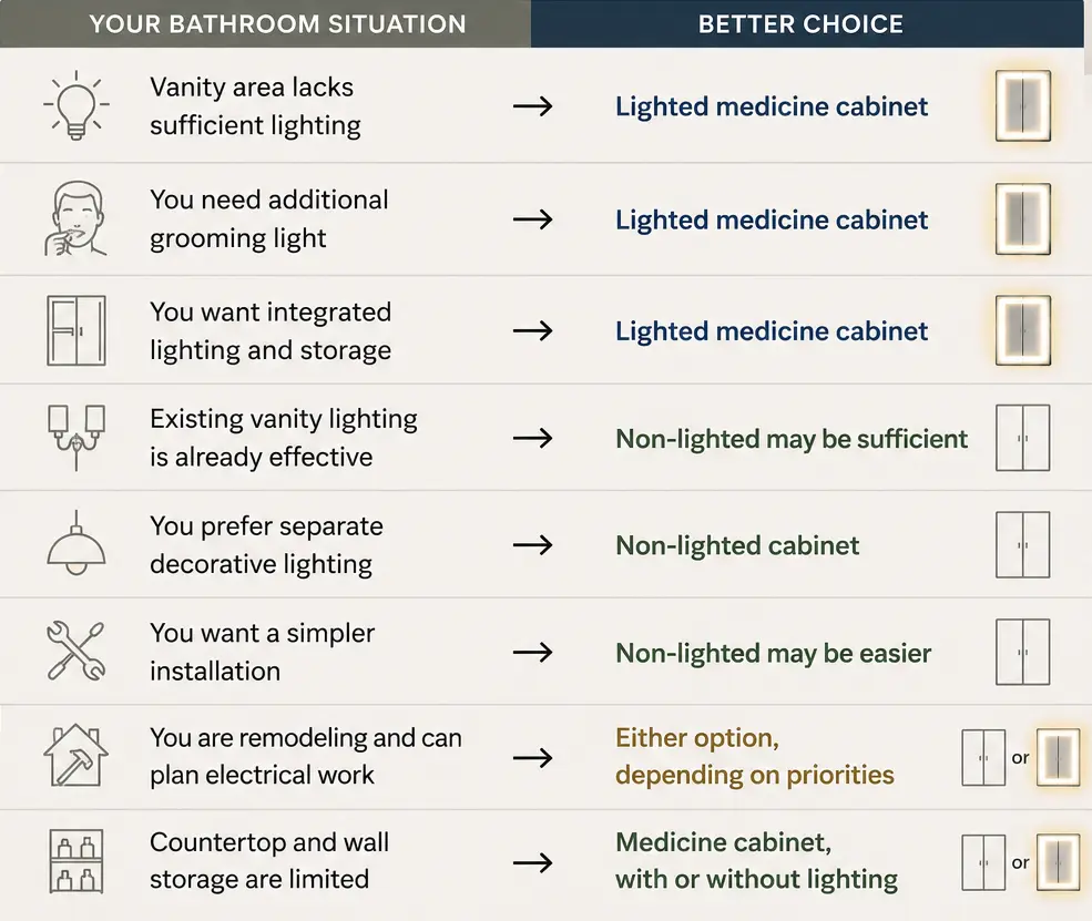 Lighted vs. non-lighted medicine cabinets for different bathroom needs.