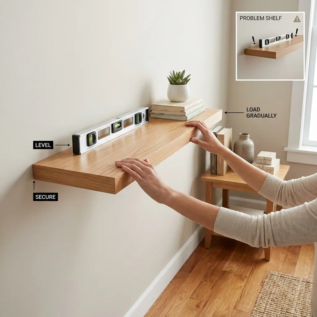Checking a newly installed floating shelf for level, stability, gaps, sagging and secure hardware before gradually adding books and other items.
