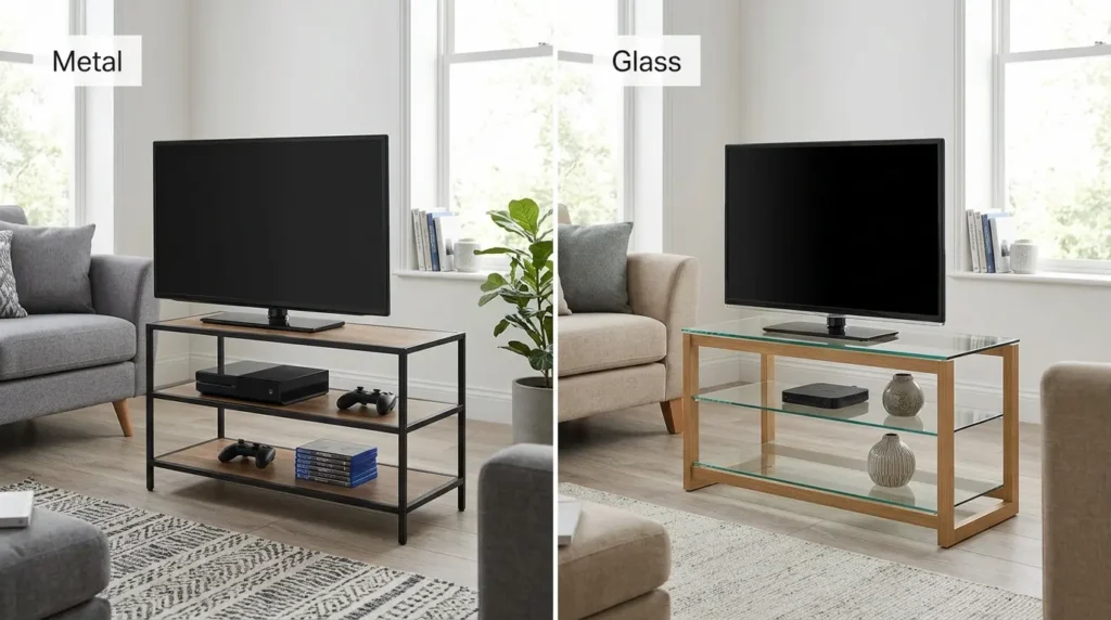Side-by-side comparison of two TV stands: metal frame TV stand on left and glass-top wooden TV stand on right, bright modern living room