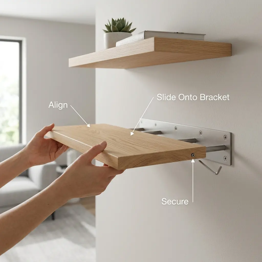 Hands attaching a wooden floating shelf to a concealed wall bracket by aligning and sliding the shelf onto the support rods, then securing it in place.