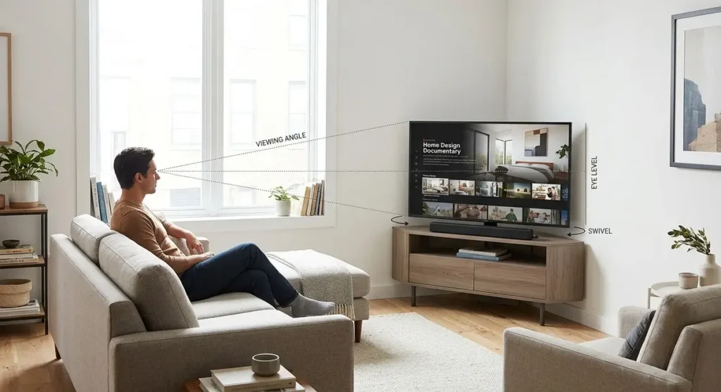 Realistic small living room showing a corner TV setup, with viewing-angle sightlines from the main sofa, TV eye-level alignment, and a swivel TV position illustrated with minimal annotations.