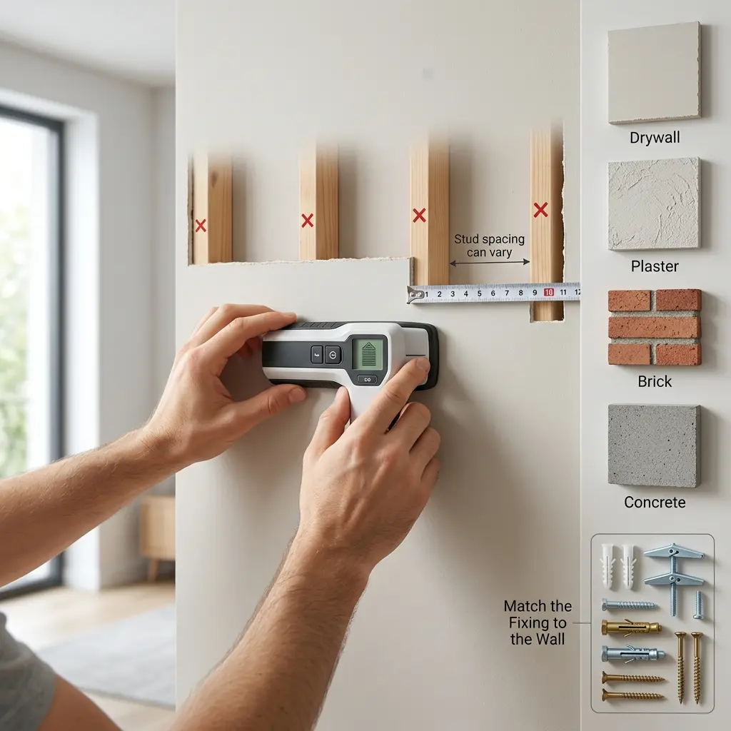 Using a stud finder to locate wall studs before installing a floating shelf, with different wall types and suitable fixing hardware shown nearby.