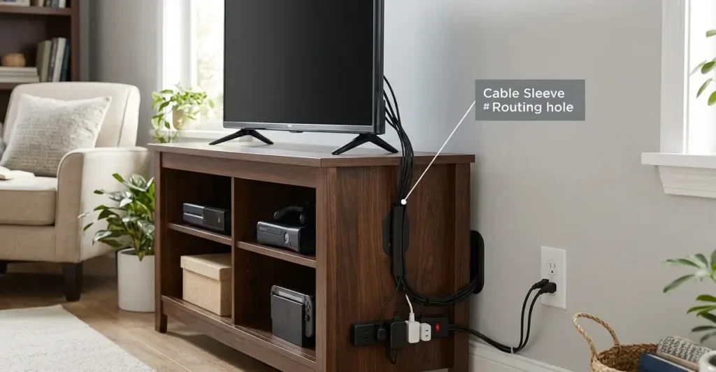 Wooden TV stand demonstrating cable management with cable sleeve and routing hole for hiding TV wires in a bright living room