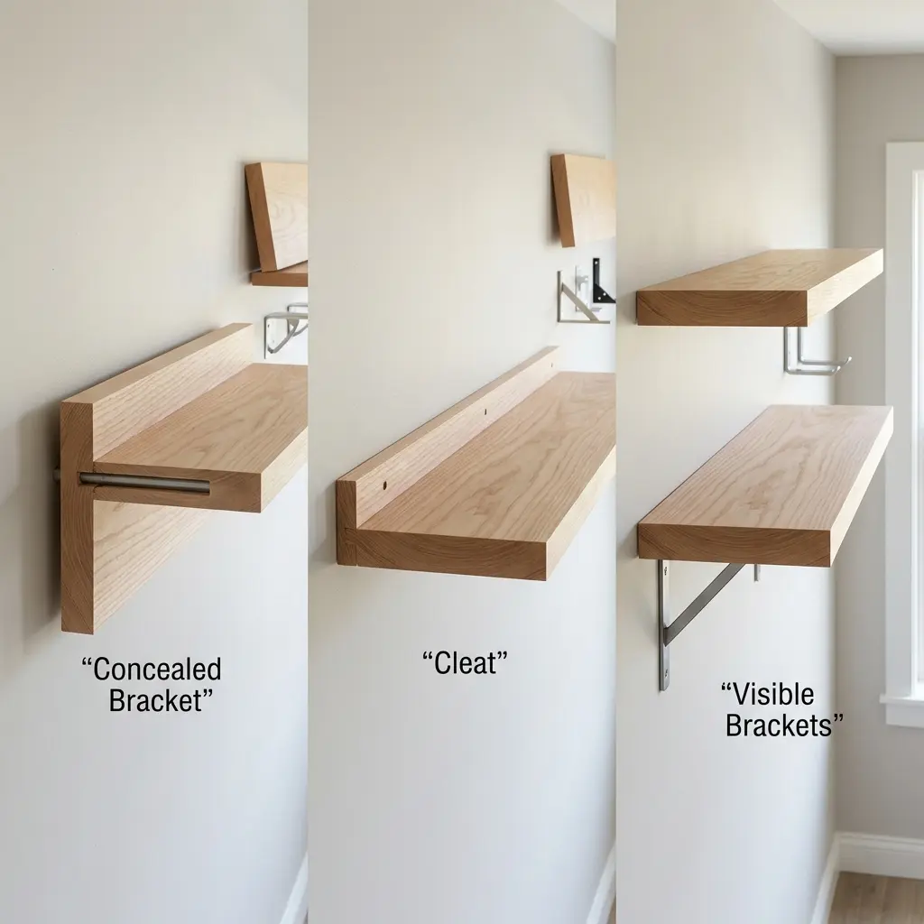 Three floating shelf support options shown in a realistic home setting: concealed bracket, continuous cleat and visible metal brackets.