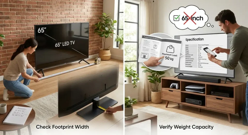 Split-scene illustration showing a homeowner measuring a 65-inch TV footprint and checking a TV stand’s specification sheet for dimensions and weight capacity before purchase.