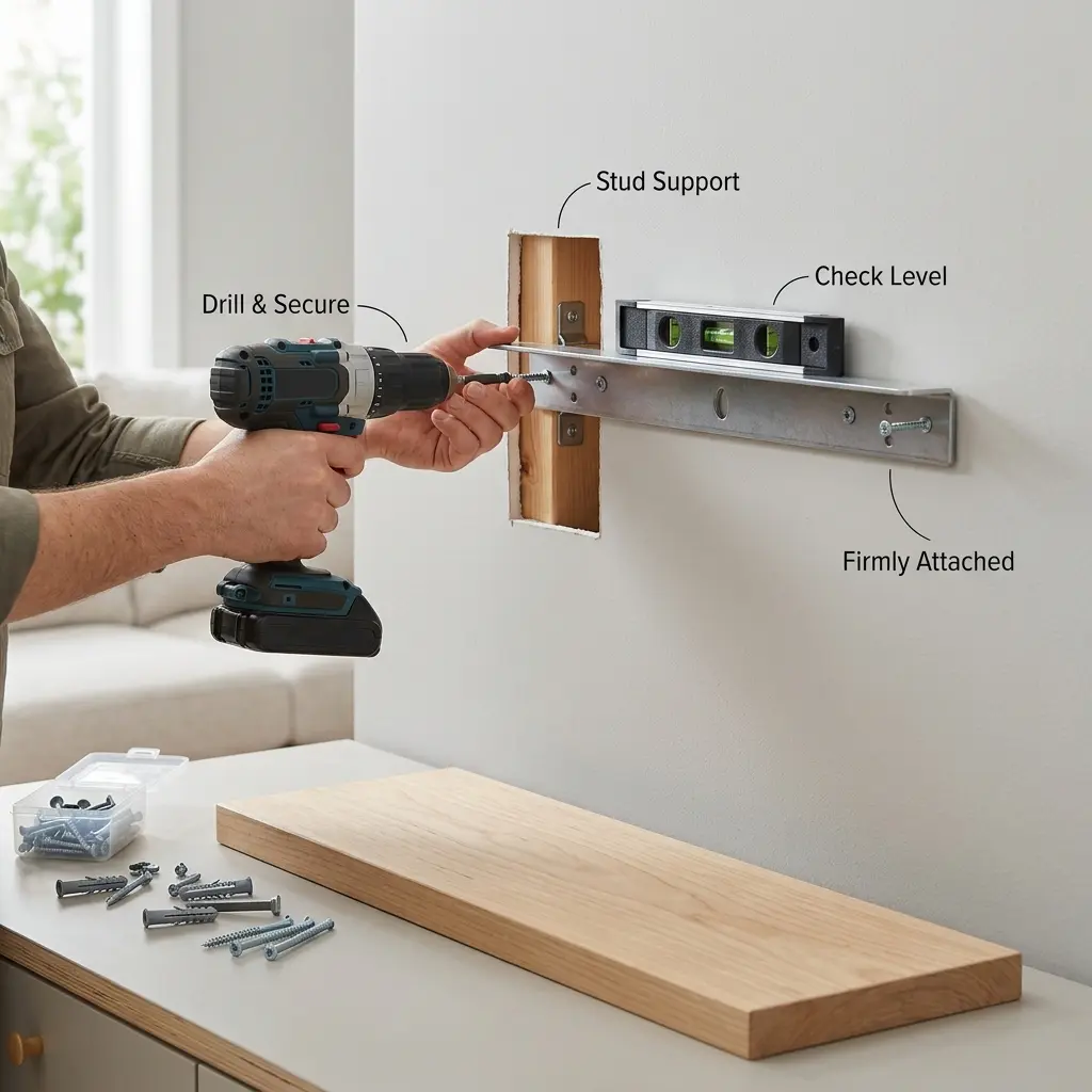 Securing a floating shelf bracket to a wall with a cordless drill, engaging a wall stud and checking the bracket with a spirit level before installing the shelf.