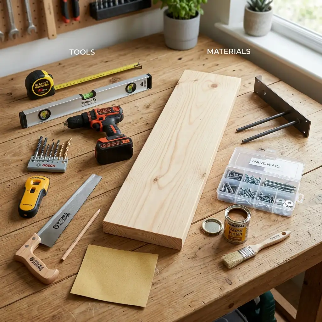 Tools and materials for building a floating shelf, including a measuring tape, level, drill, screwdriver, saw, shelf board, bracket, screws and wall anchors arranged on a workbench.