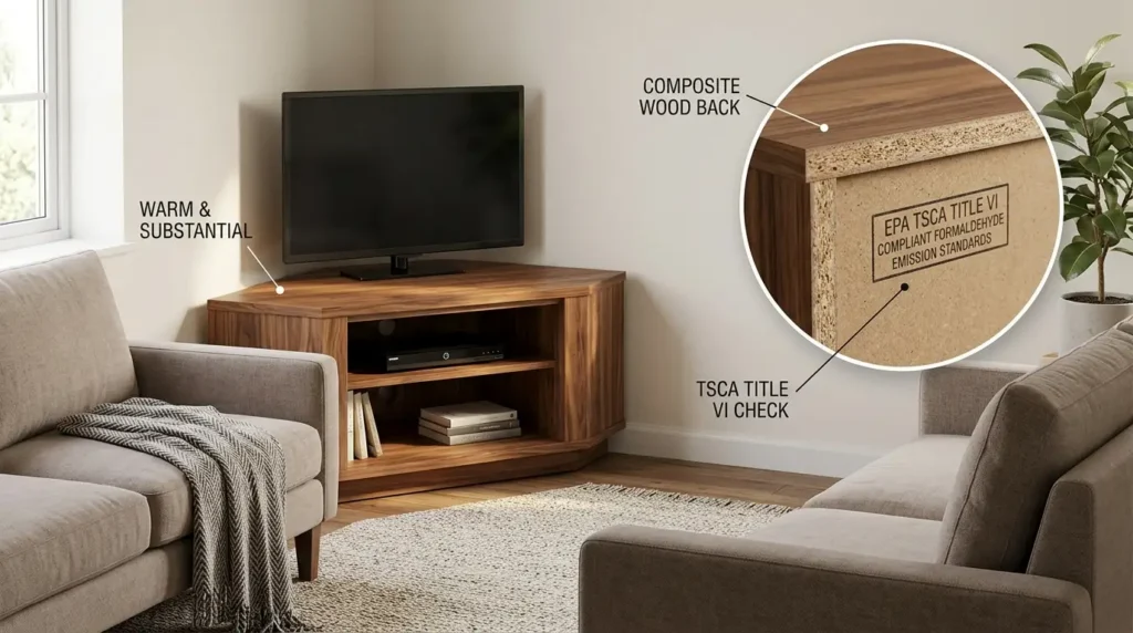 Corner TV stand material infographic showing composite wood back and EPA TSCA Title VI formaldehyde emission compliance in a bright living room
