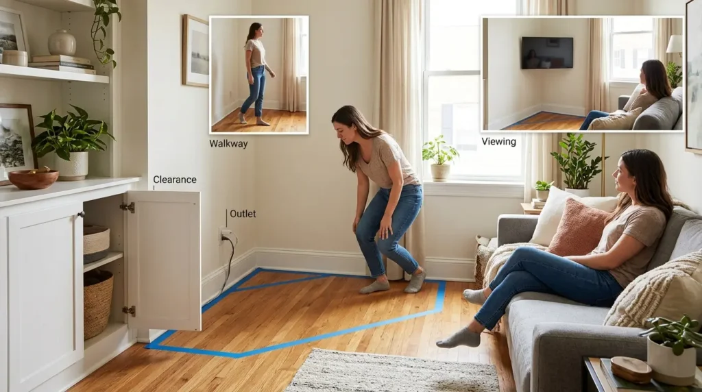 Painter’s tape outlines a corner TV stand footprint in a small living room while the space is tested for walkway, viewing position, cabinet clearance, and outlet access.