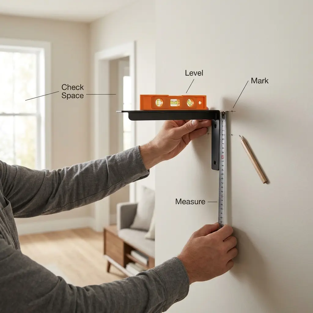 Measuring the installation height of a floating shelf, leveling the bracket and marking mounting holes on a wall before drilling.
