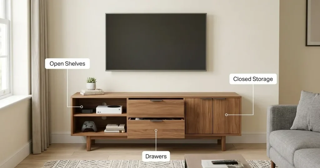 Modern wooden TV stand infographic labeling open shelves, drawers and closed storage in a bright neutral living room