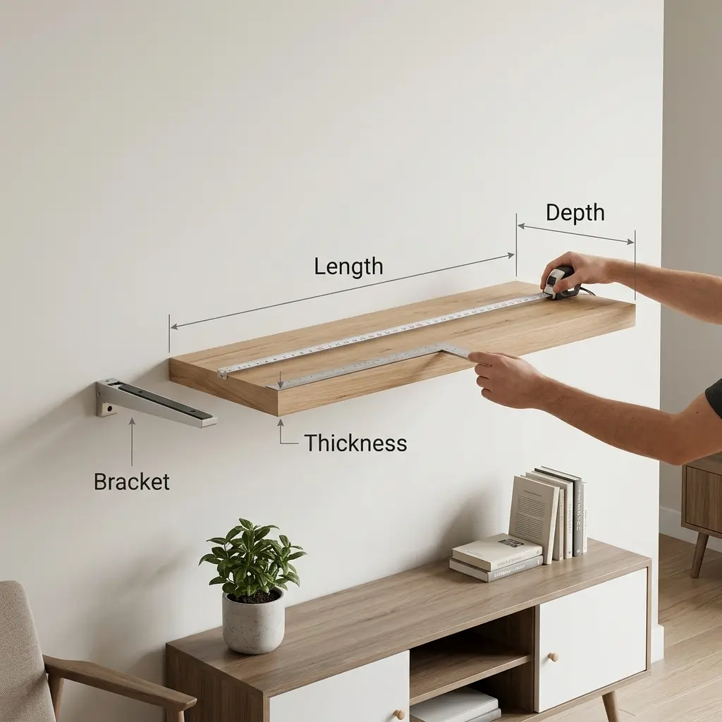 Measuring a floating shelf board for length, depth and thickness while checking a concealed bracket before installation.