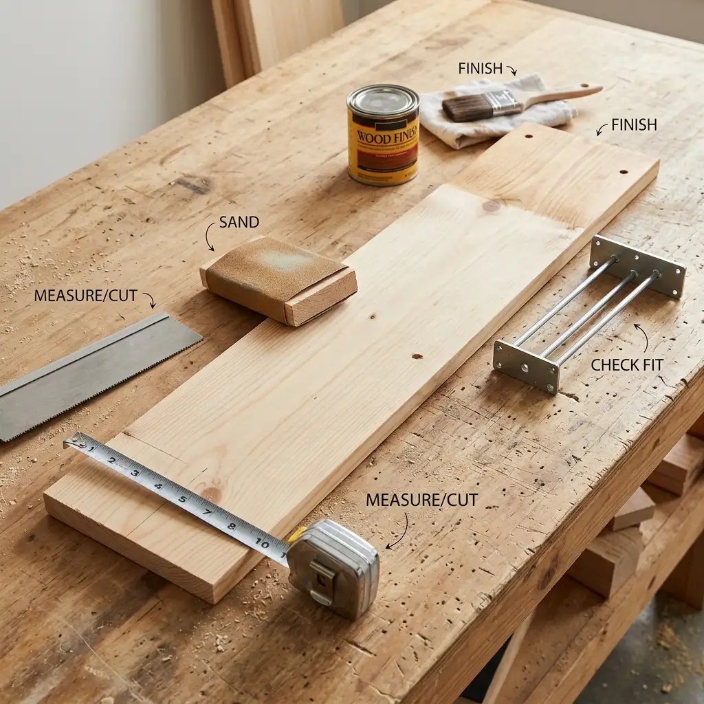 Preparing a wooden floating shelf by measuring, cutting, sanding and finishing the board, then checking its fit with a concealed shelf bracket.