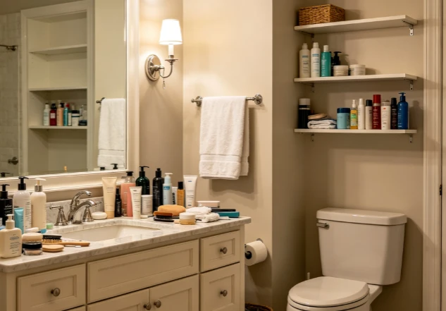 Well-stocked family bathroom with vanity countertop and floating shelves, neatly arranged adult toiletries, skincare and grooming products