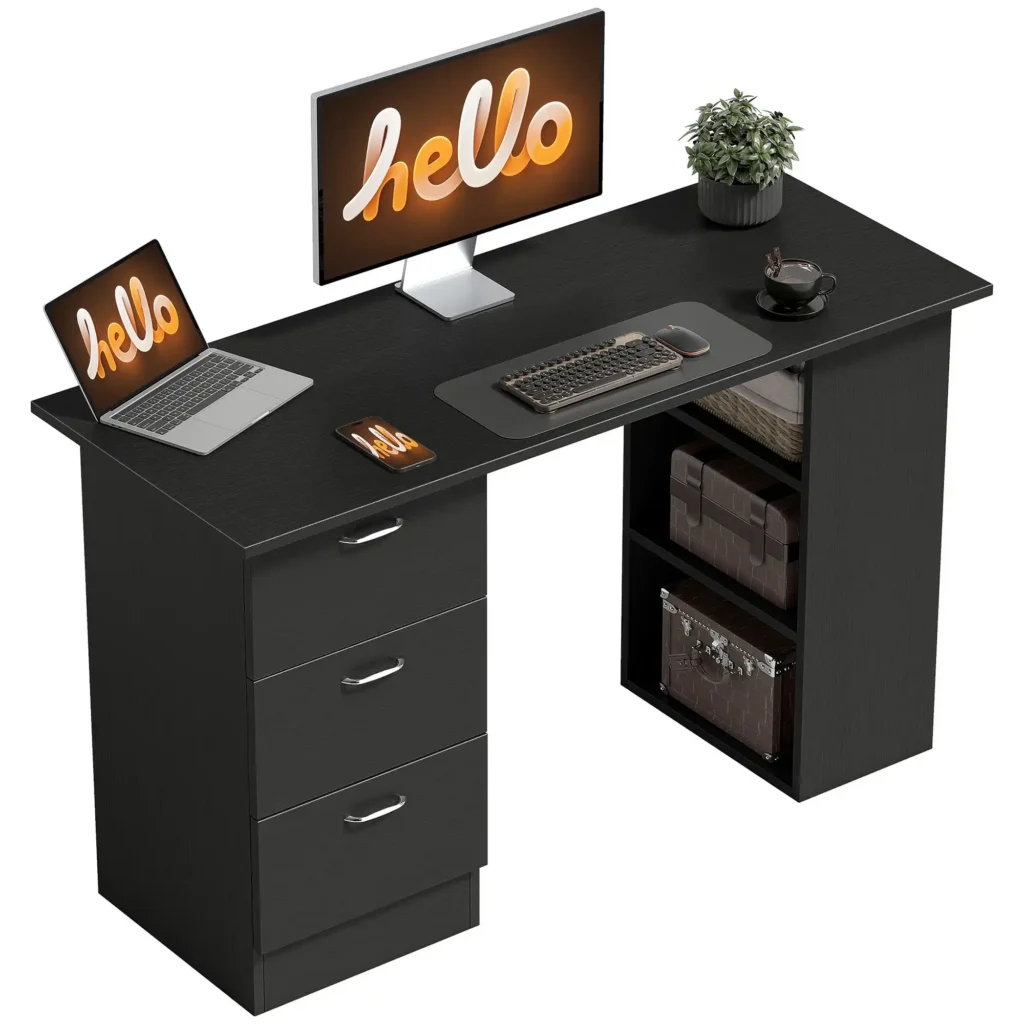 HOMCOM 47" Home Office Computer Desk Bookcase Combo, Writing Table Workstation with 3 Drawer and Storage Shelf - Black