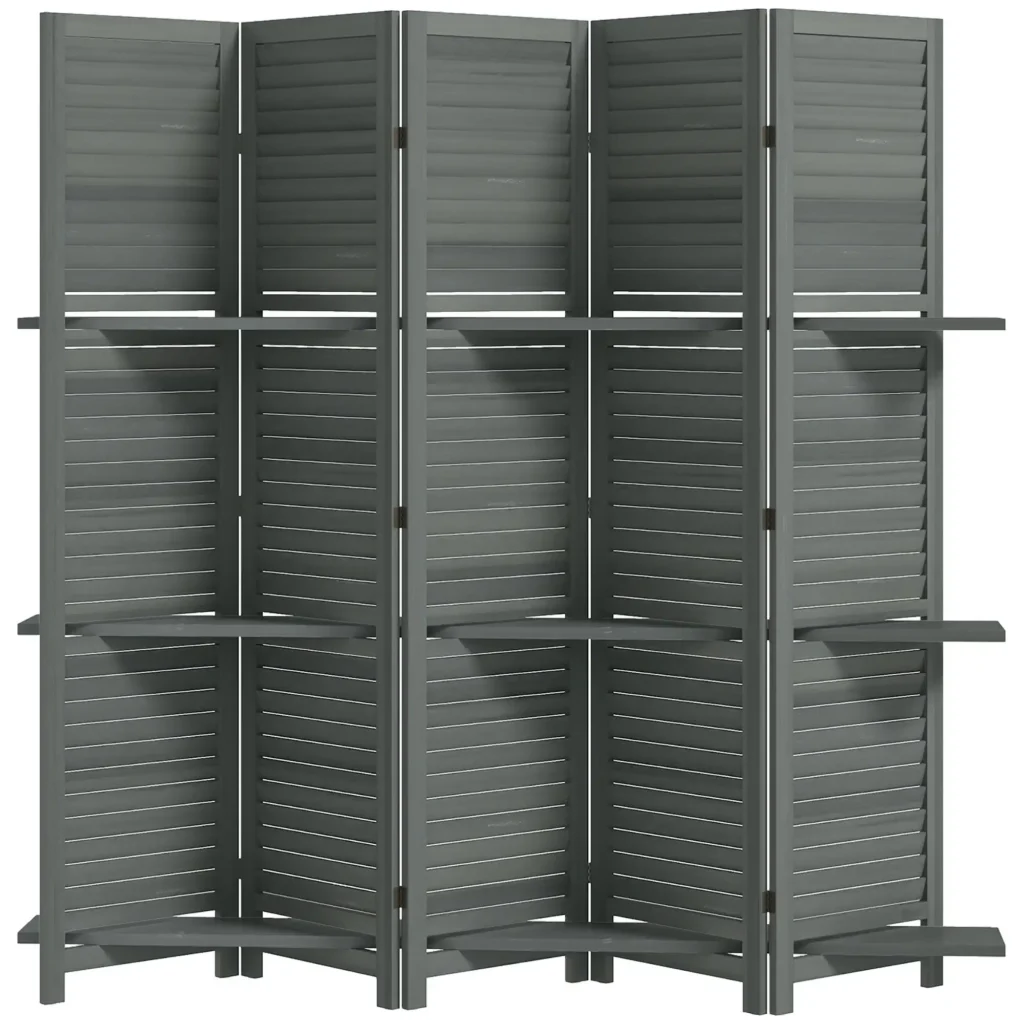 HOMCOM 5 Panel 67" Tall Wood Privacy Screen Room Divider with 3 Shelves and Folding Storage for Bedroom, Gray
