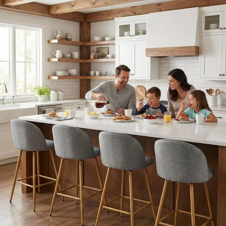 Family kitchen with parents and children sitting at a kitchen island on upholstered counter stools with backrests and footrests.