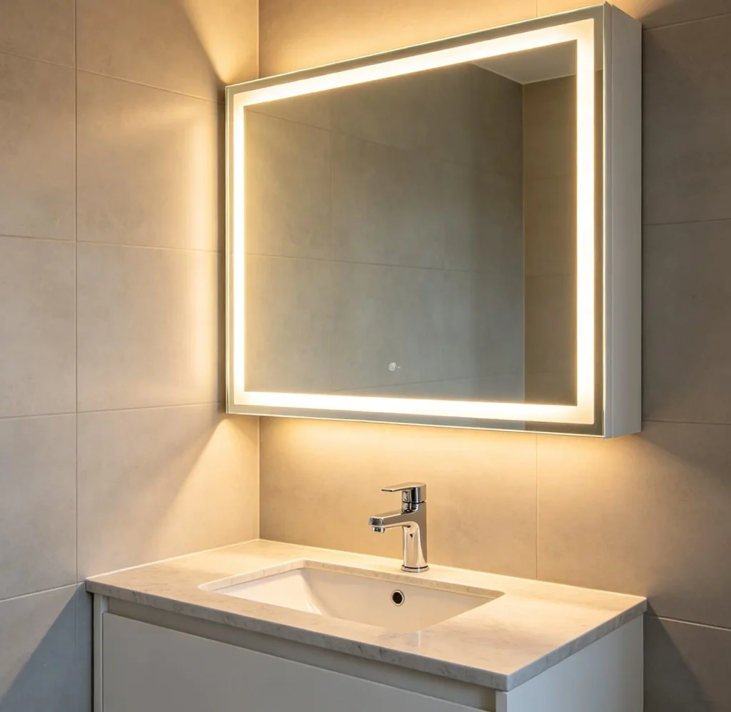 Bathroom with limited natural light, mirror cabinet with integrated lighting above compact vanity, light beige and gray finishes, reflective tile surfaces, bright modern European American home interior.