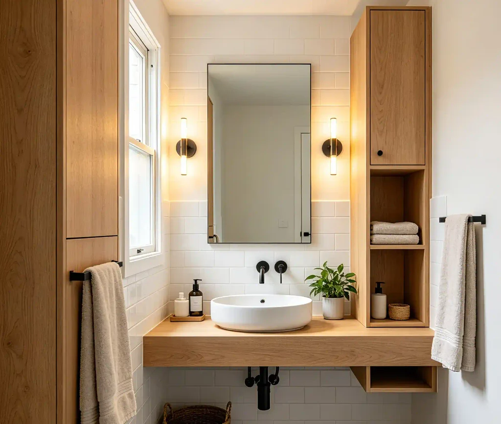 Narrow bathroom with vertically oriented slim bathroom cabinet above compact vanity, minimal wall decor, white subway tiles, light wood finishes, bright modern European American home interior.