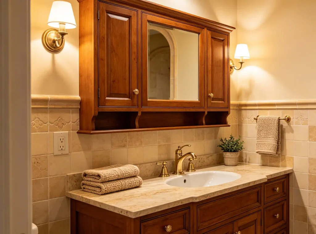 Warm traditional bathroom with wood-look bathroom vanity, framed mirror cabinet, brass hardware, beige tile walls, warm-toned European American home interior.