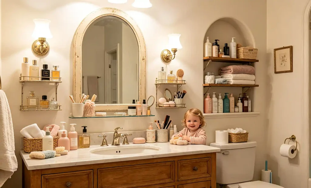 Family bathroom with organized storage areas for adult toiletries, children’s products, towels, haircare, grooming items and backup supplies, using baskets, trays and cabinet shelves.