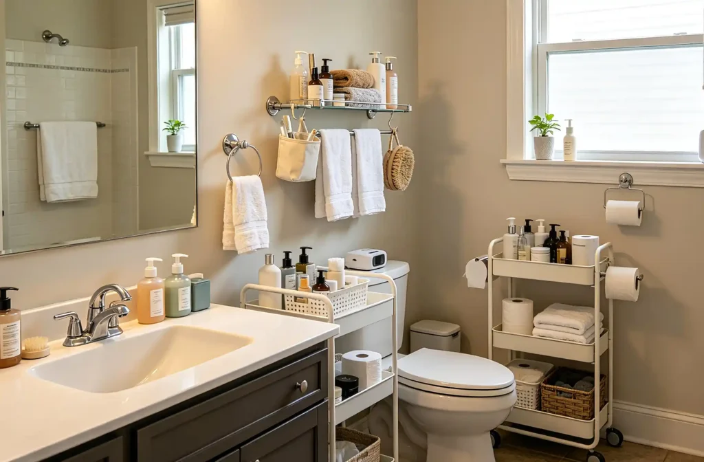 Rental bathroom with freestanding and removable storage solutions, including over-toilet shelf, rolling cart, door-hanging organizer and suction baskets for toiletries, towels and cleaning supplies.